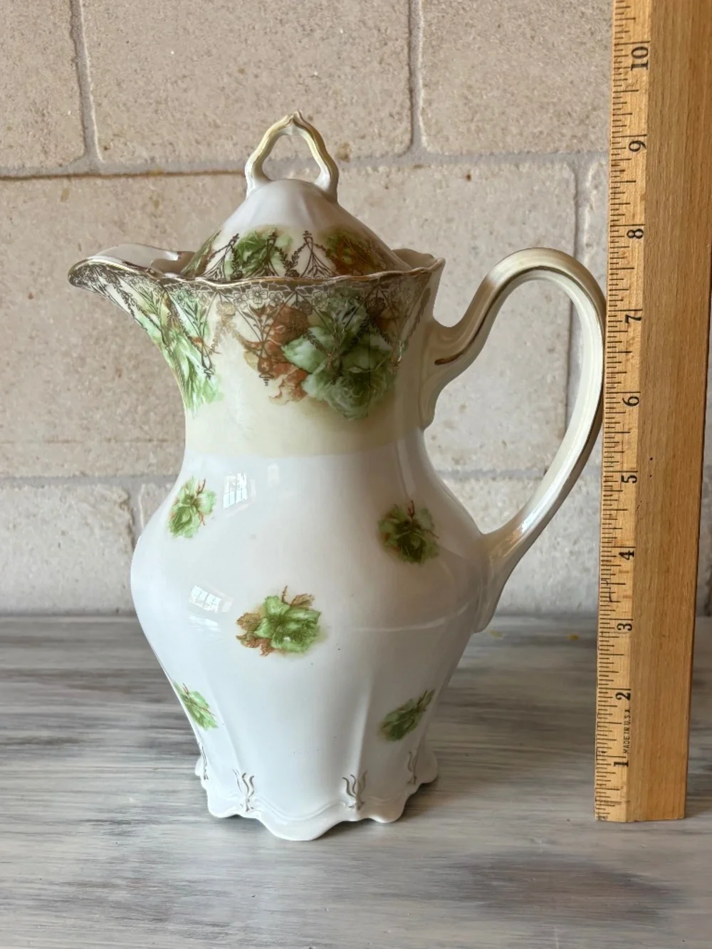 Antique Chocolate Pot Green Floral Gold Trim